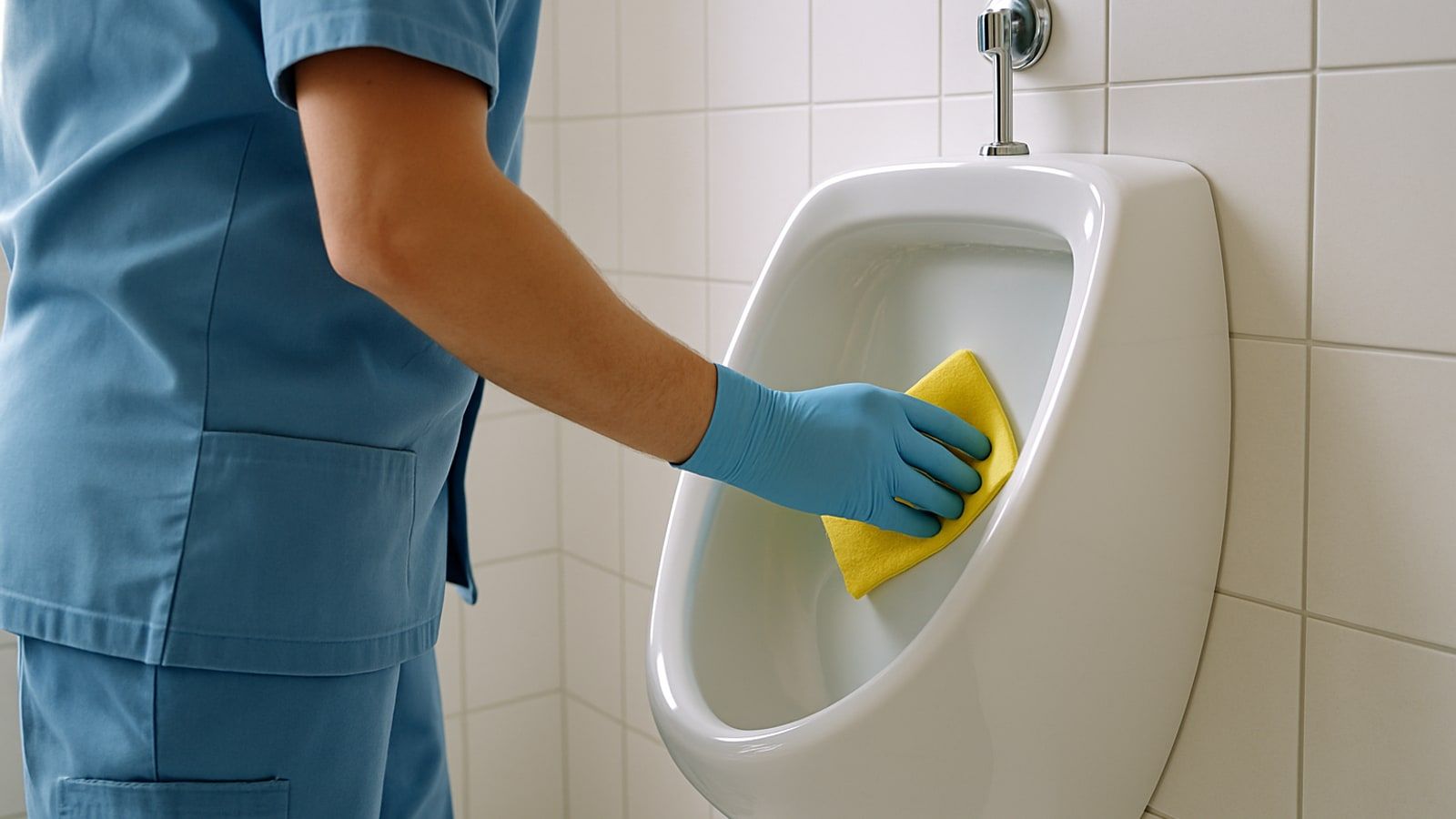 Gebäudereinigung Hilden: Reinigungskraft reinigt ein Keramik-Urinal in einem gefliesten Sanitärraum mit einem Schwammtuch