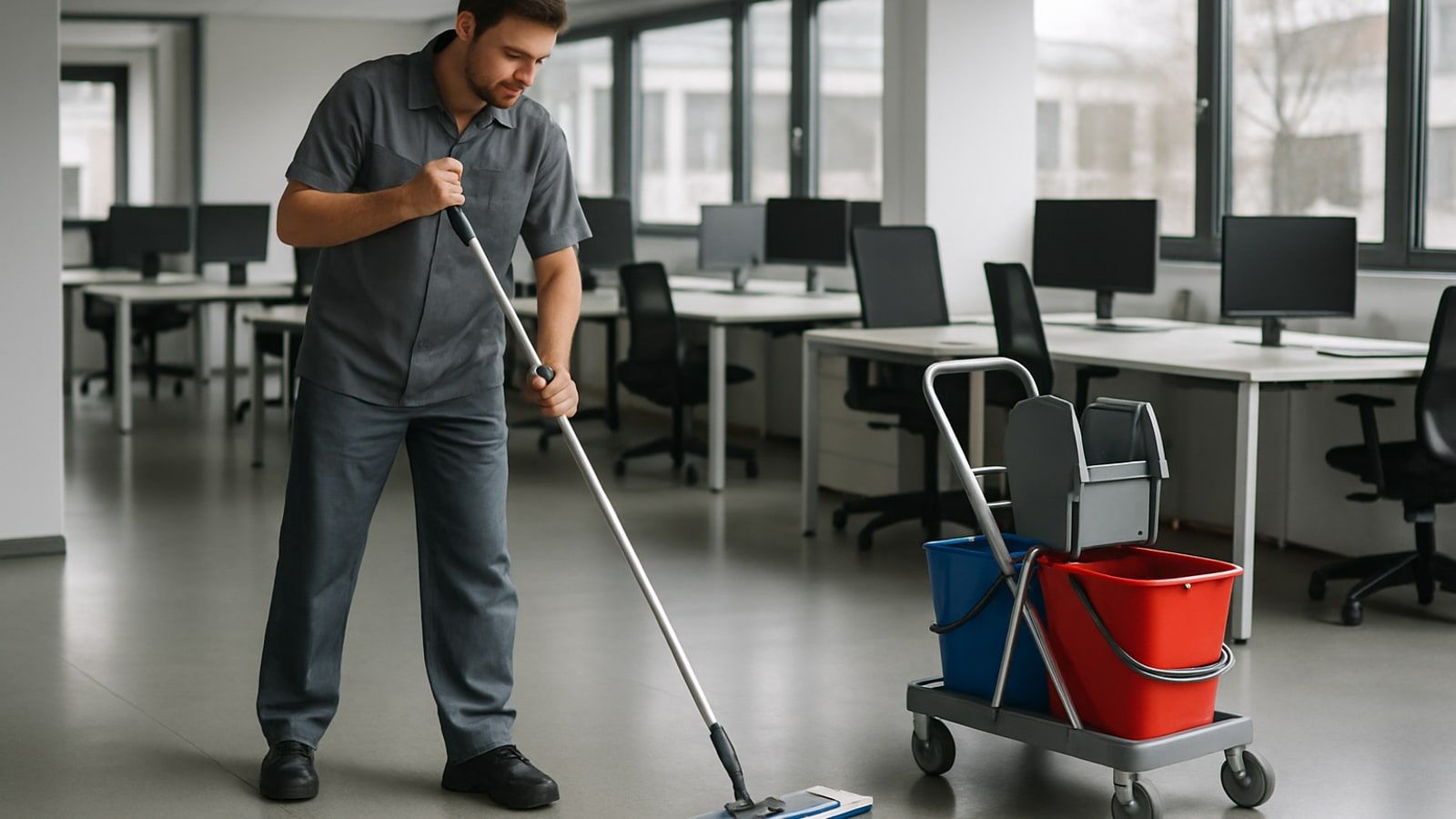Gebäudereinigung: Unterhaltsreinigung in einem Büro, eine Reinigungskraft wischt den Boden mit Mopp und Reinigungswagen