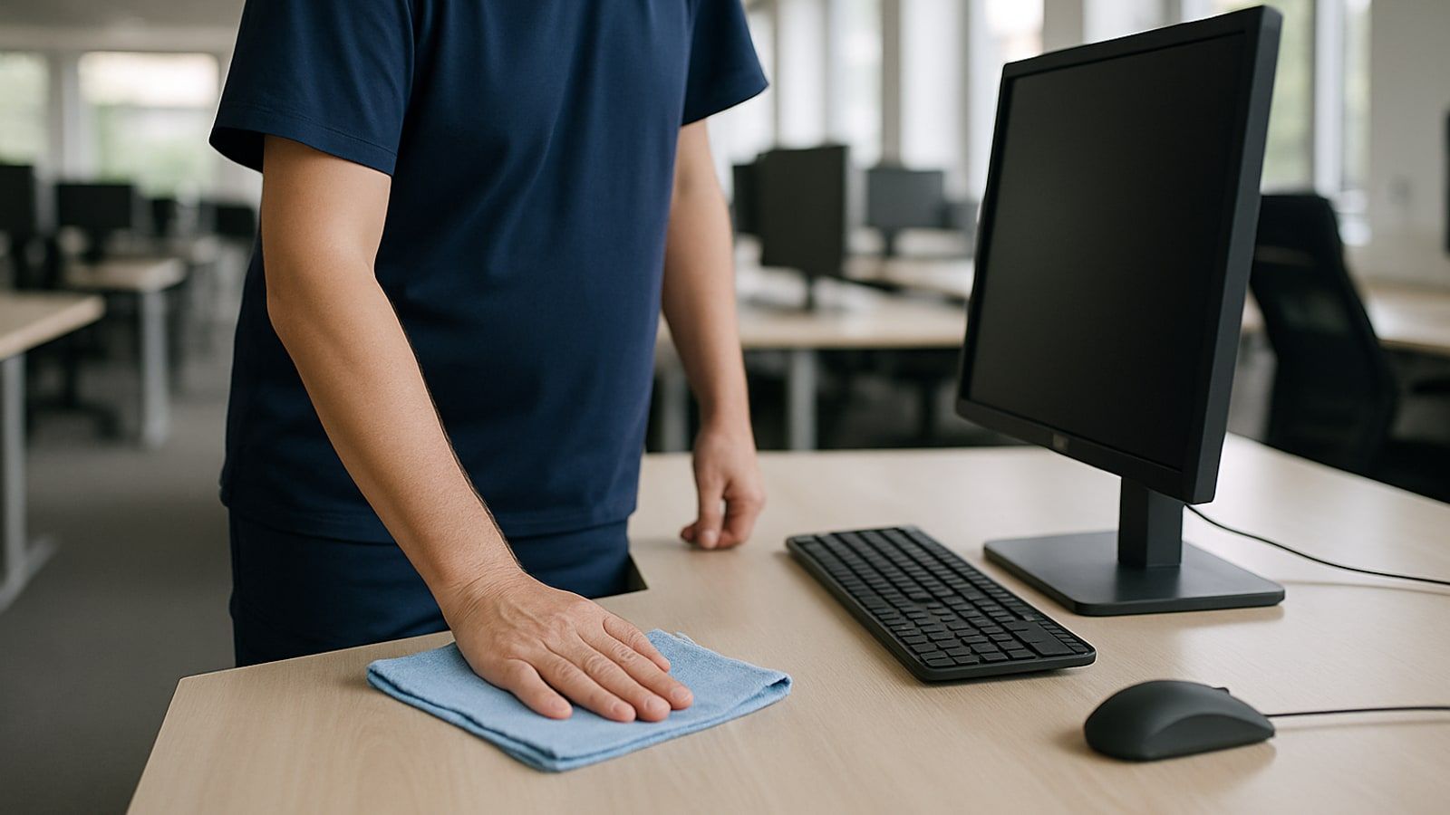 Gebäudereinigung in Leverkusen: Reinigungskraft wischt die Schreibtischfläche neben einem Monitor in einem Großraumbüro mit einem Mikrofasertuch