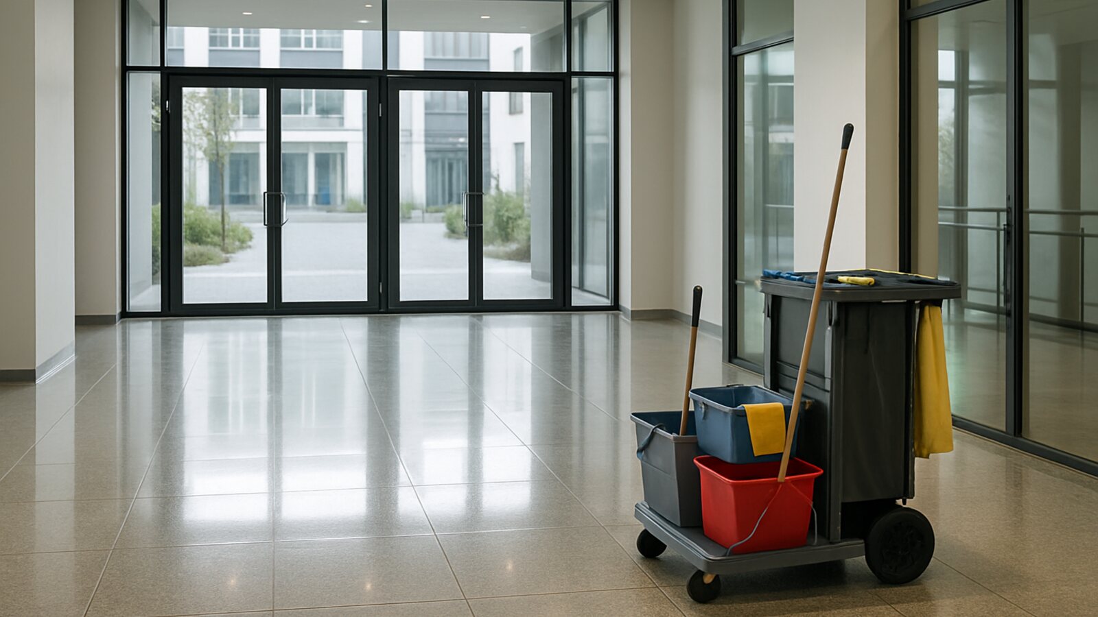 Gebäudereinigung Lünen: frisch gereinigtes Bürofoyer mit glänzendem Steinboden, geputzter Glasfront und abgestelltem Reinigungswagen