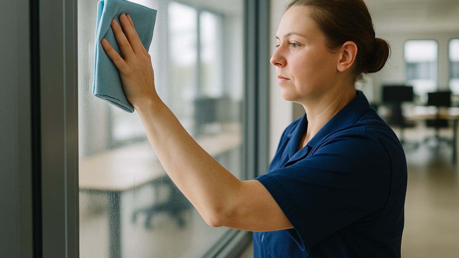 Gebäudereinigung Velbert: Reinigen eines Bürofensters von innen mit einem Mikrofasertuch