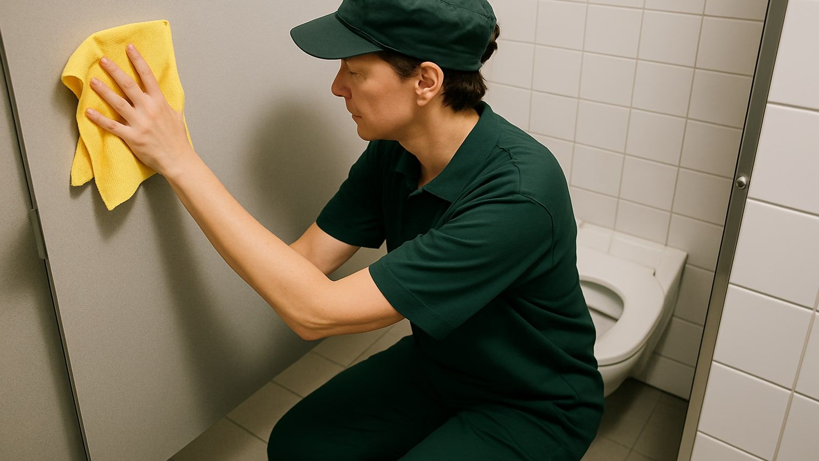 Gebäudereinigung Velbert: Reinigungskraft reinigt WC und Trennwand einer Sanitärkabine mit einem Mikrofasertuch