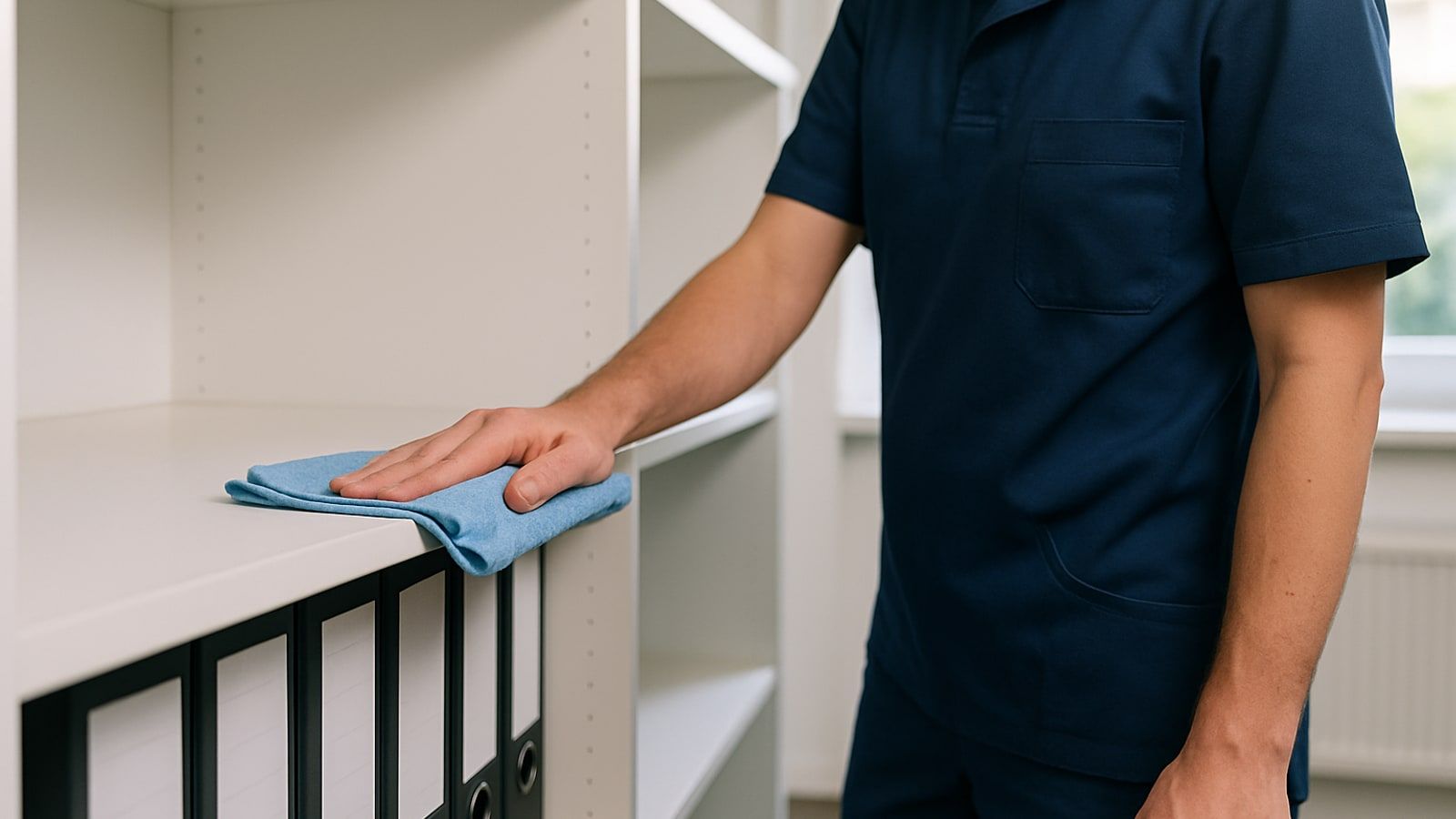 Gebäudereinigung in Wülfrath: Reinigungskraft wischt mit einem Mikrofasertuch den Staub von einem Büro-Regalboden mit Aktenordnern