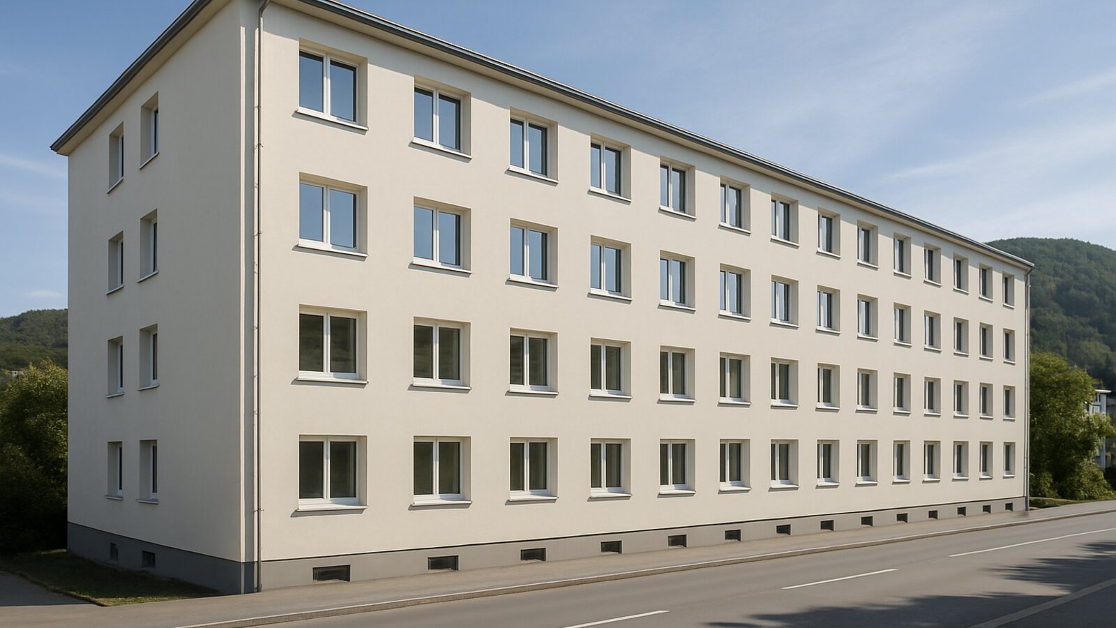 Glaser Hagen: verputztes Mehrfamilienhaus mit regelmäßigen Fenstern und bewaldeten Hügeln im Hintergrund
