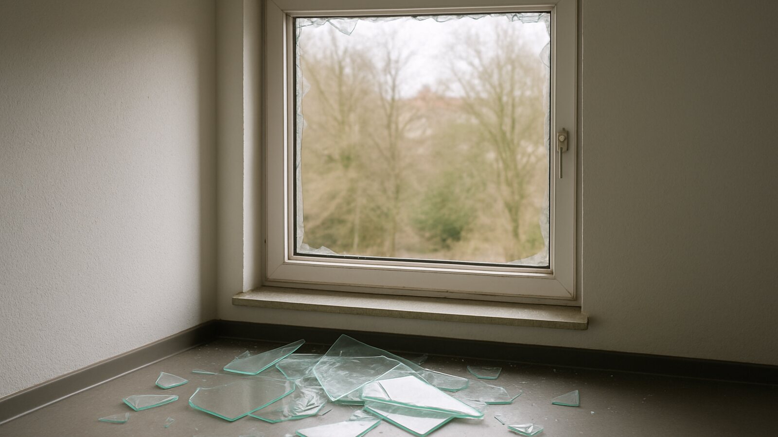 Glaser Hagen: leerer Fensterrahmen mit herausgebrochener Scheibe und Glasscherben am Boden