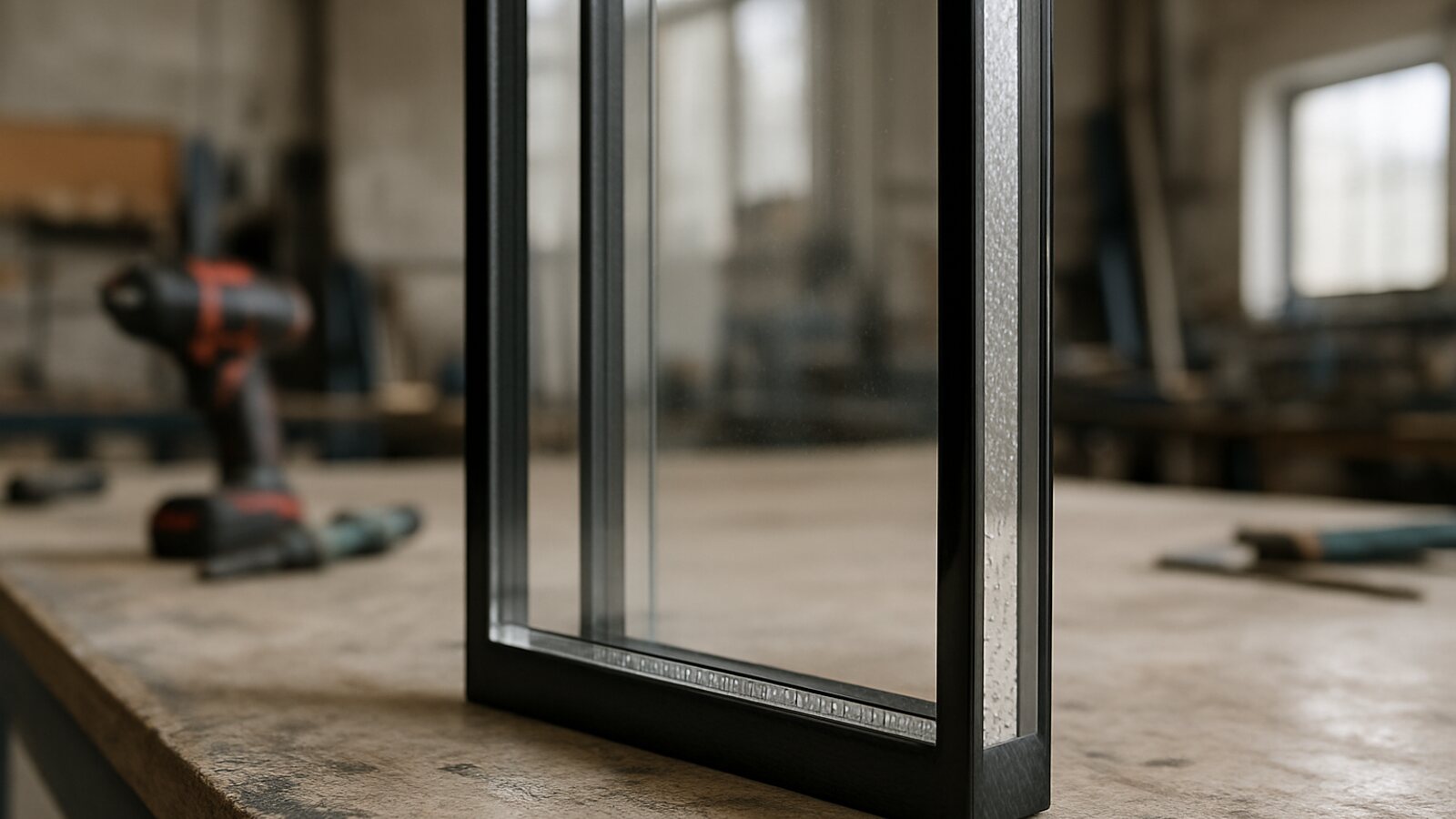 Glaser Hagen: Detail des unteren Glasrandes einer Zweifach-Isolierglasscheibe mit Abstandhalter und Randversiegelung