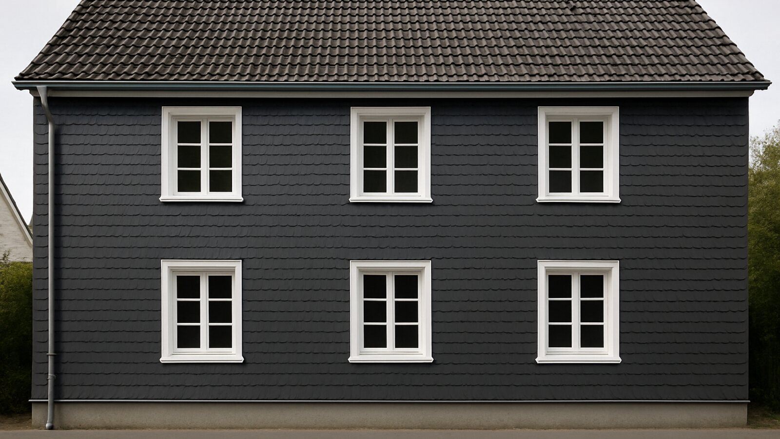Glaser Solingen: bergisches Wohnhaus mit schwarz verschieferter Fassade und weißen Holzfenstern an einer Straße