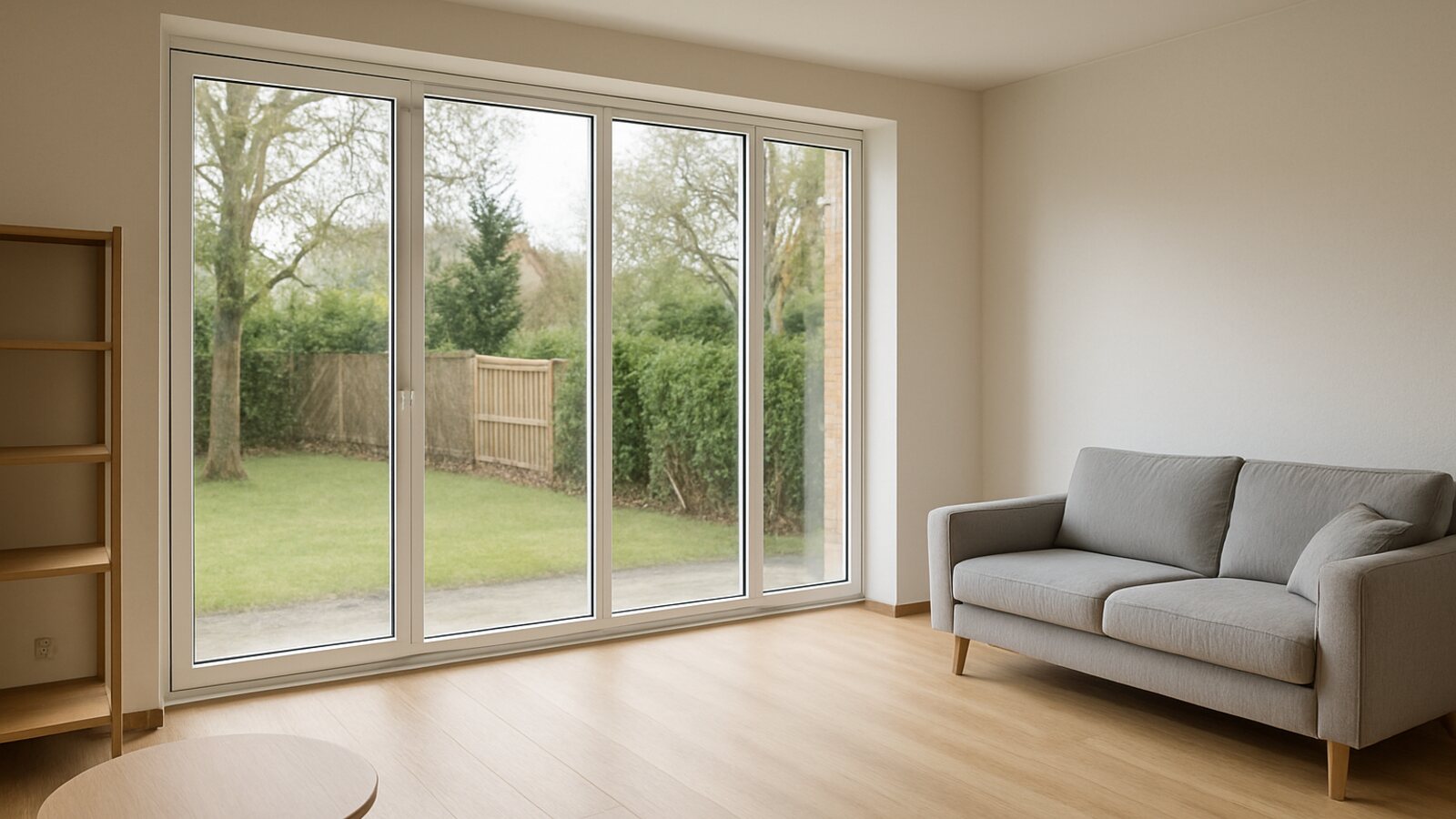 Glaser Solingen: heller Wohnraum mit großer neu verglaster Fensterfront aus klaren Glasfeldern in weißen Rahmen