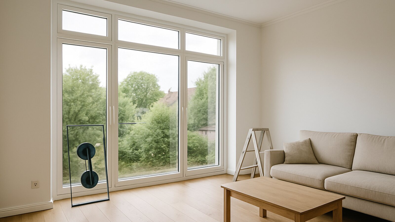 Glaser Wetter (Ruhr): heller Wohnraum mit großer neu verglaster Fensterfront aus klaren Glasfeldern