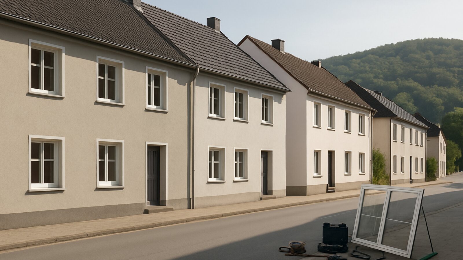 Glaser Wetter (Ruhr): verputzte Wohnhauszeile mit regelmäßigen Fenstern an einer Straße im Ruhrtal