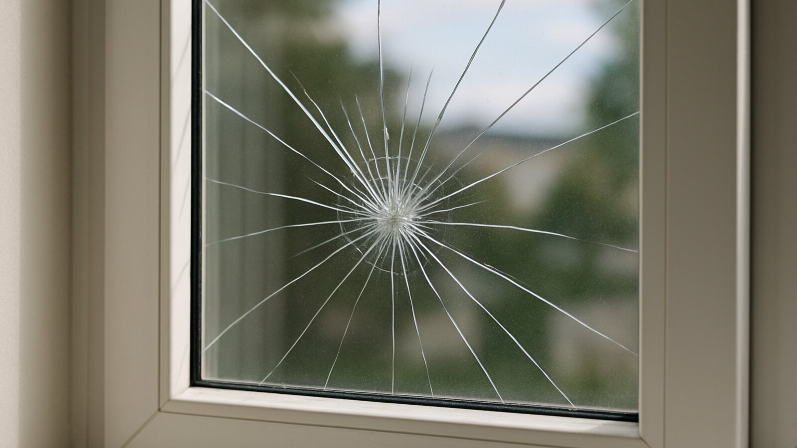 Glaser Wuppertal: gesprungene Fensterscheibe mit sternförmigem Einschlag und radialen Rissen im weißen Rahmen