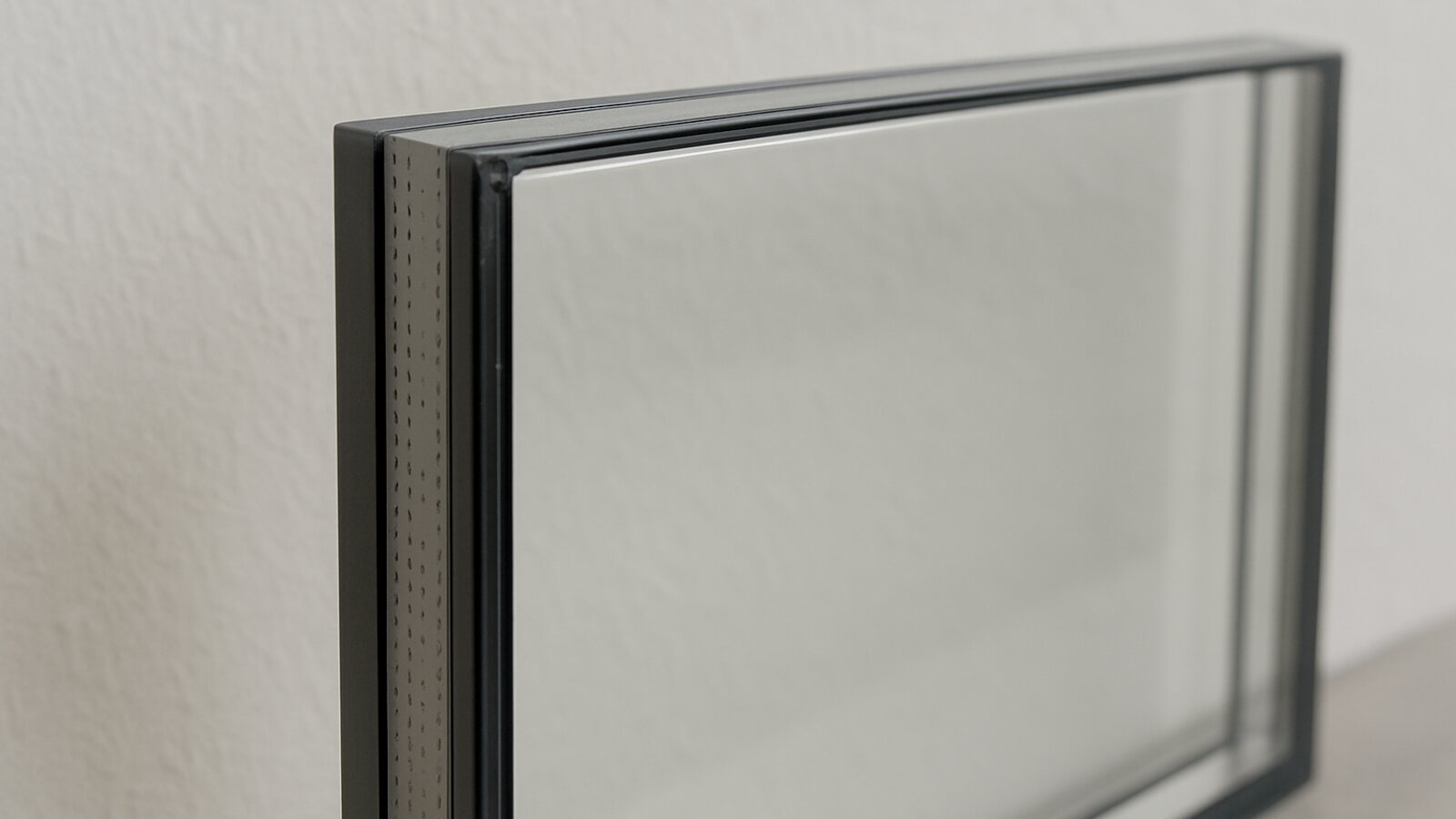 Glaser Wuppertal: Eckdetail einer Zweifach-Isolierglasscheibe mit grauem Abstandhalter und schwarzer Randversiegelung