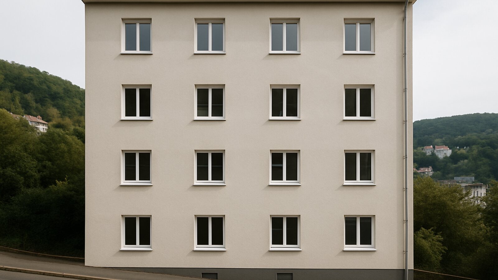 Glaser Wuppertal: schlichtes verputztes Wohnhaus mit regelmäßigen Fenstern an einer Straße am Hang im Tal