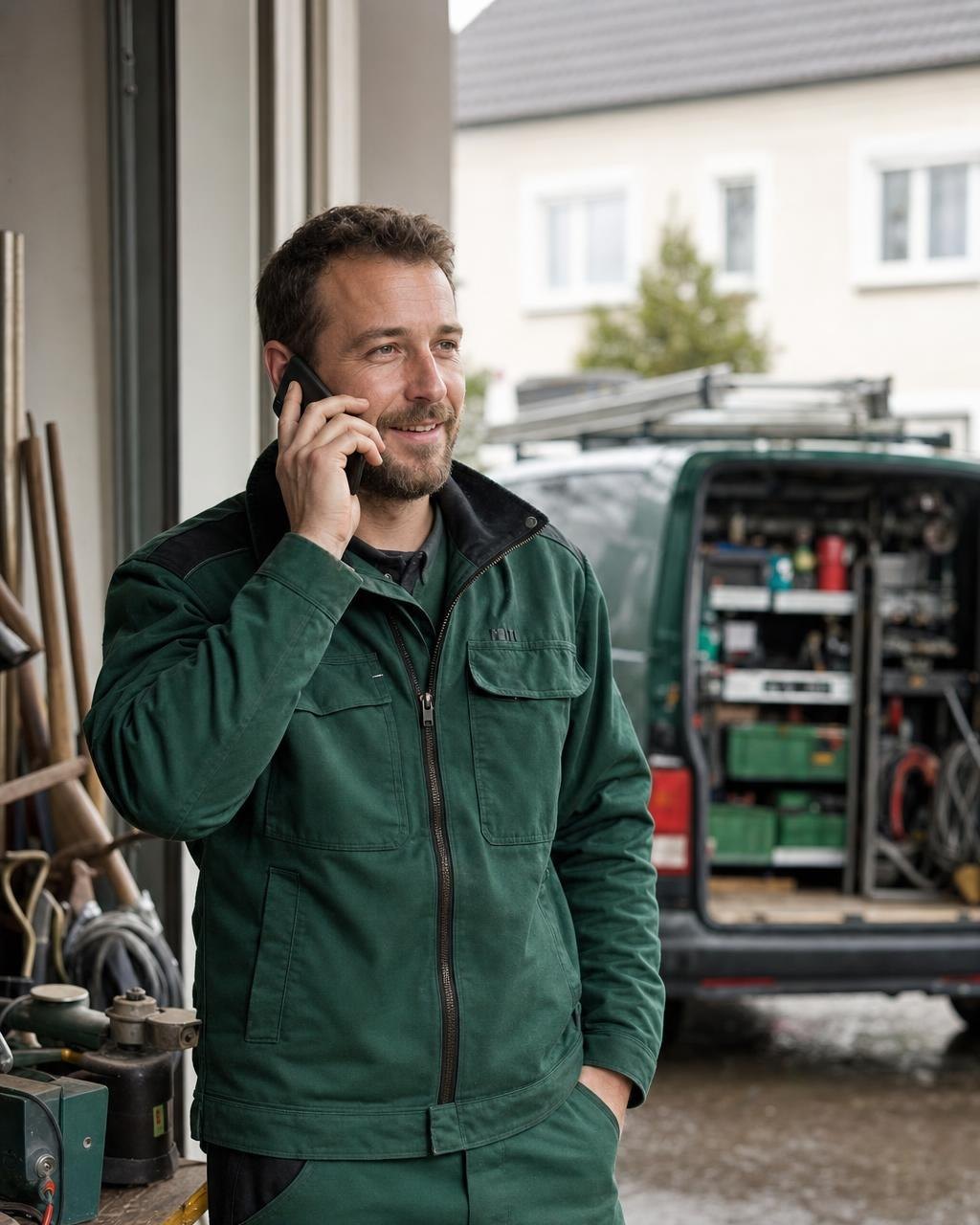 Handwerker in dunkelgrüner Arbeitskleidung telefoniert vor seinem Servicefahrzeug