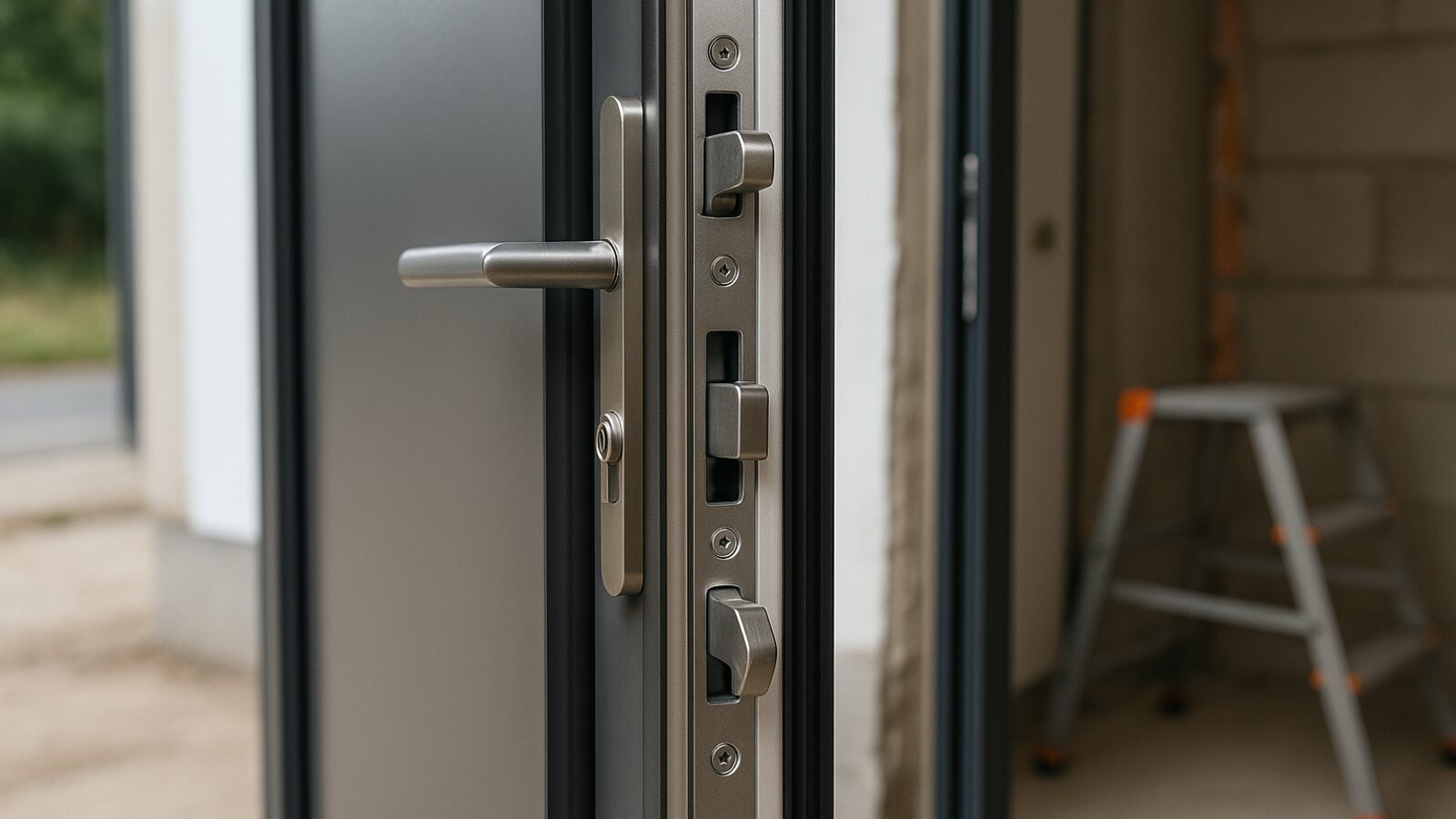 Nahaufnahme der Schlosskante eines geöffneten Haustürblatts mit Mehrfachverriegelung und ausgefahrenen Schwenkriegeln