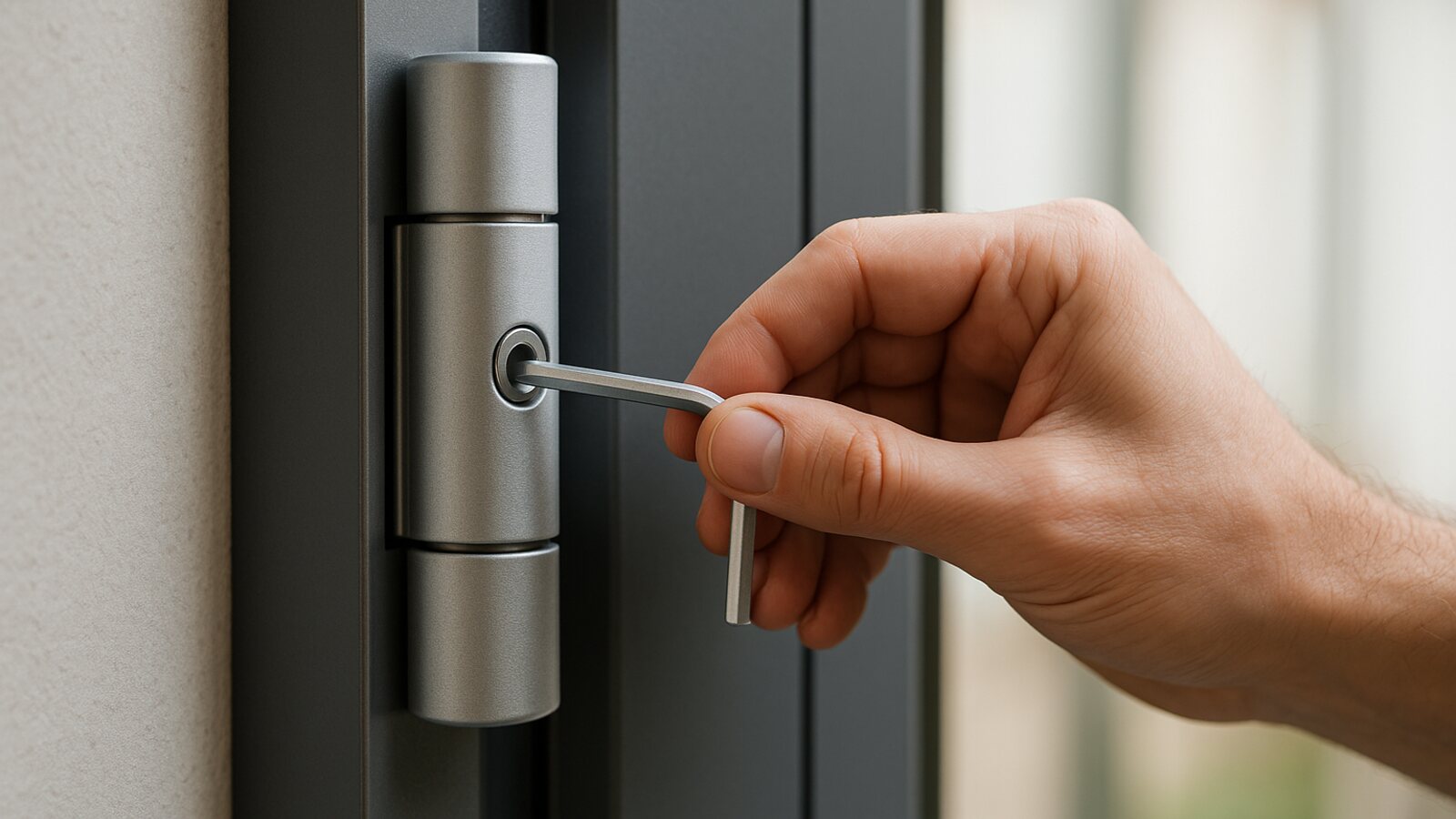 Hand stellt mit einem Inbusschlüssel das obere Rollenband einer modernen Aluminium-Haustür nach