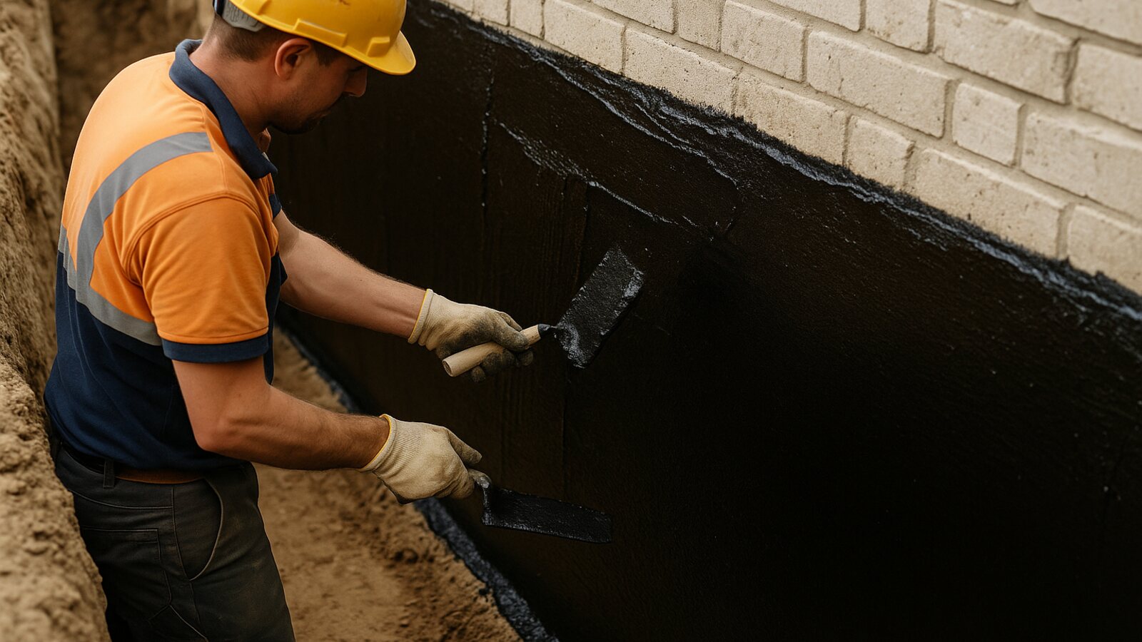 Bauarbeiter trägt eine schwarze Bitumendickbeschichtung auf eine von außen freigelegte Kellerwand im Erdgraben auf