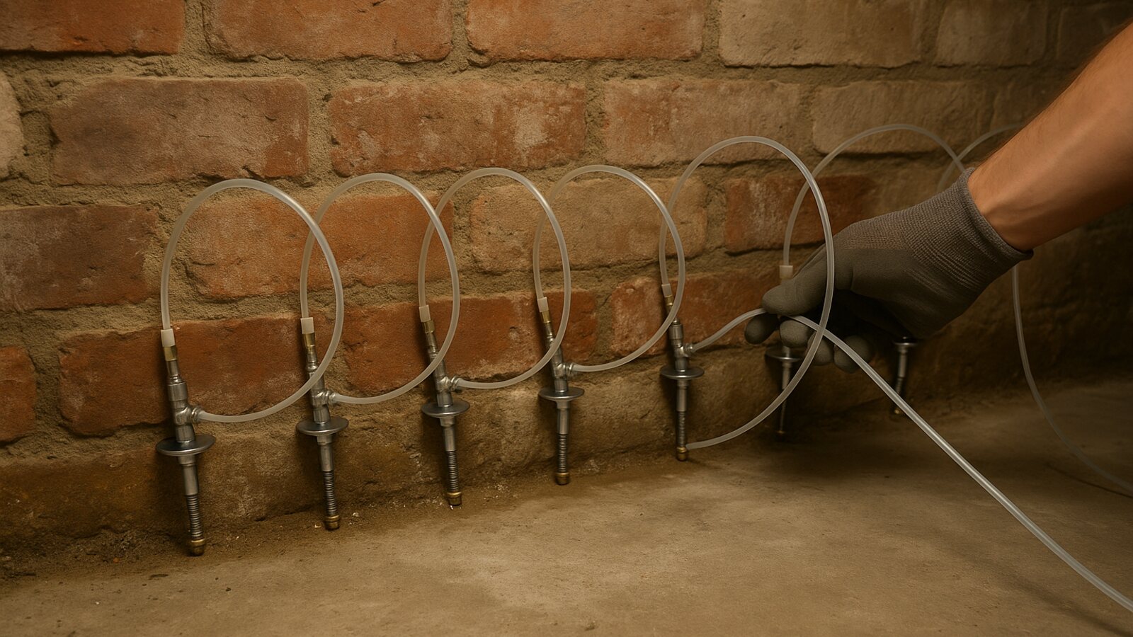 Waagerechte Bohrlochreihe am Fuß einer Kellerwand mit metallenen Injektionspackern für eine nachträgliche Horizontalsperre