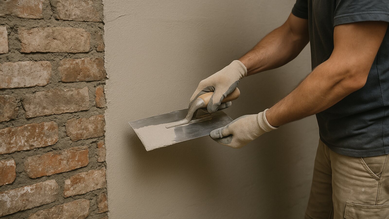 Handwerker trägt mit einer Glättkelle eine helle mineralische Dichtschlämme als Innenabdichtung auf eine Kellerwand auf