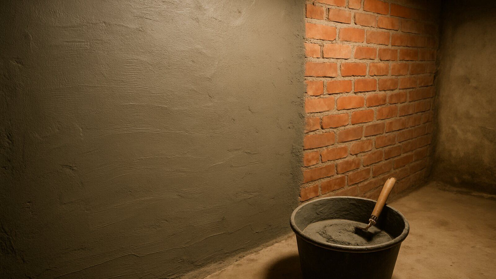 Kellerinnenwand zur Hälfte mit grauer mineralischer Dichtschlämme beschichtet, daneben das unbehandelte Ziegelmauerwerk