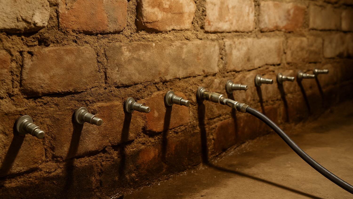 Bohrlochreihe mit gesetzten Injektionspackern in der feuchten Kellerwand für die nachträgliche Horizontalsperre
