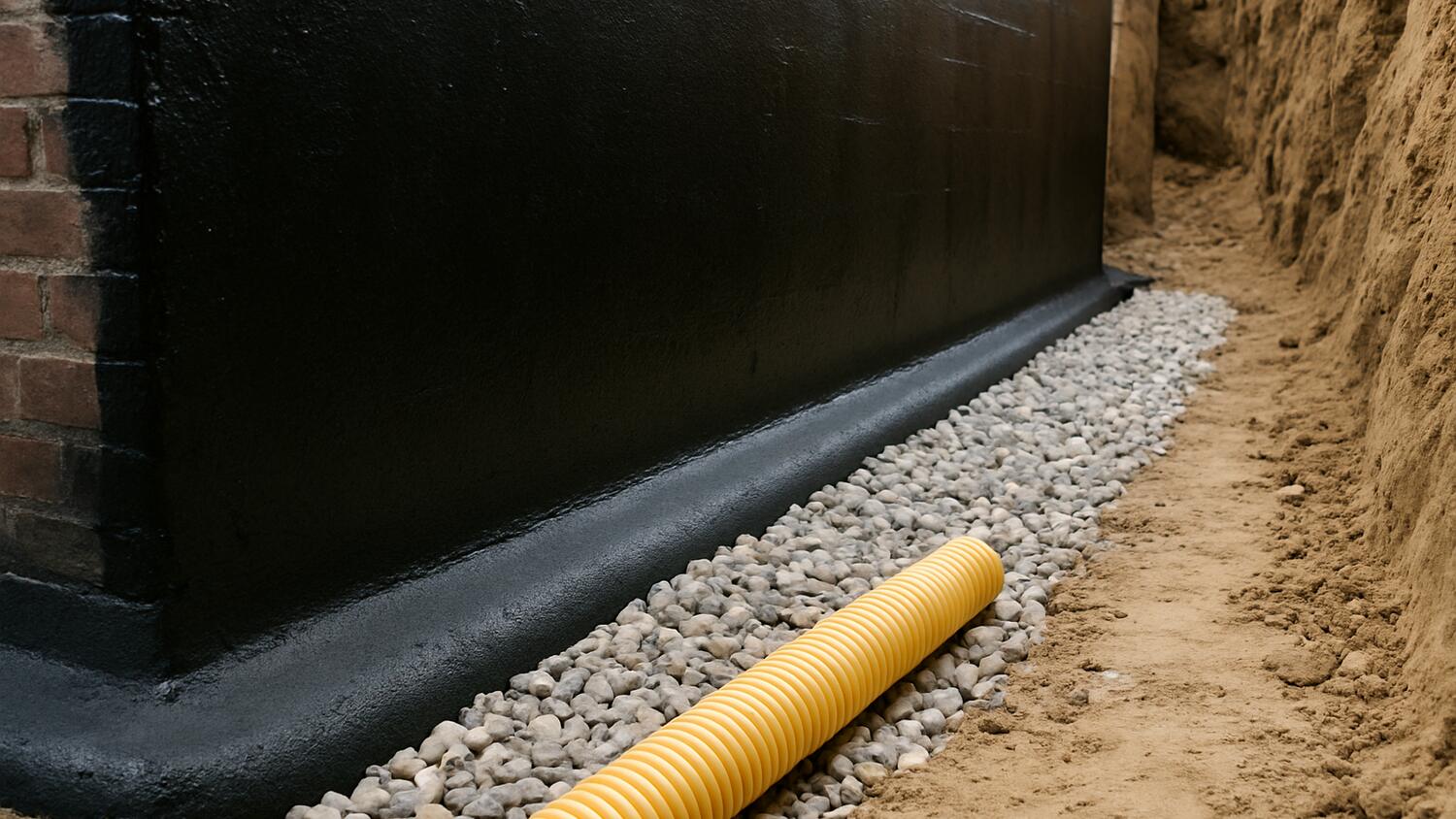 Freigelegte Kelleraußenwand mit schwarzer Bitumenabdichtung, Drainagekies und Drainagerohr im Arbeitsgraben