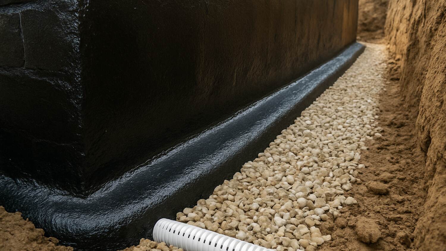 Freigelegte Kelleraußenwand mit schwarzer Bitumenabdichtung, Drainagekies und Drainagerohr im Arbeitsgraben
