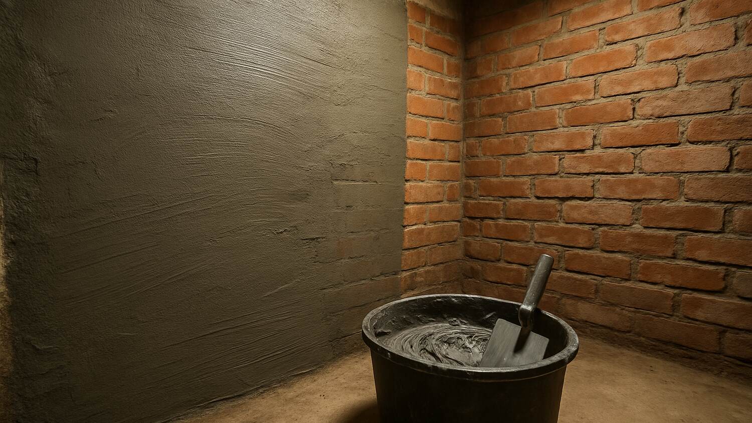 Kellerinnenwand zur Hälfte mit grauer mineralischer Dichtschlämme beschichtet, daneben das unbehandelte Ziegelmauerwerk