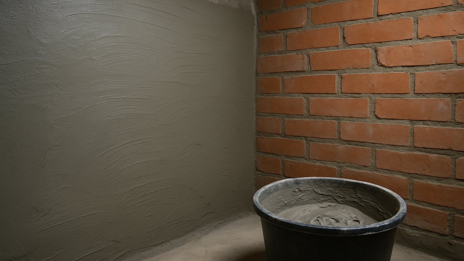 Kellerinnenwand zur Hälfte mit grauer mineralischer Dichtschlämme beschichtet, daneben das unbehandelte Ziegelmauerwerk