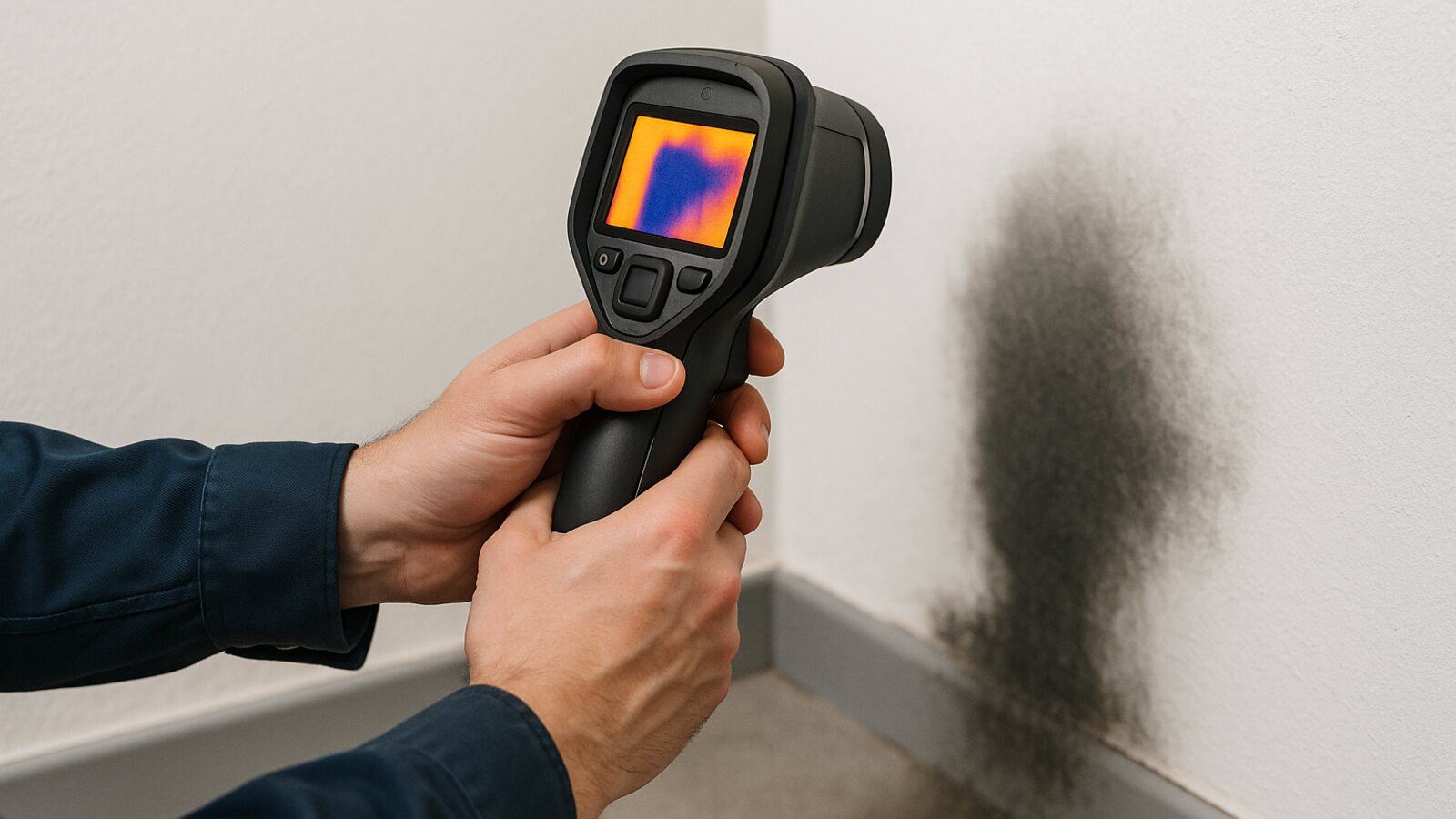 Techniker ortet mit einer Wärmebildkamera die undichte Stelle an einer feuchten Wand, ohne sie aufzustemmen