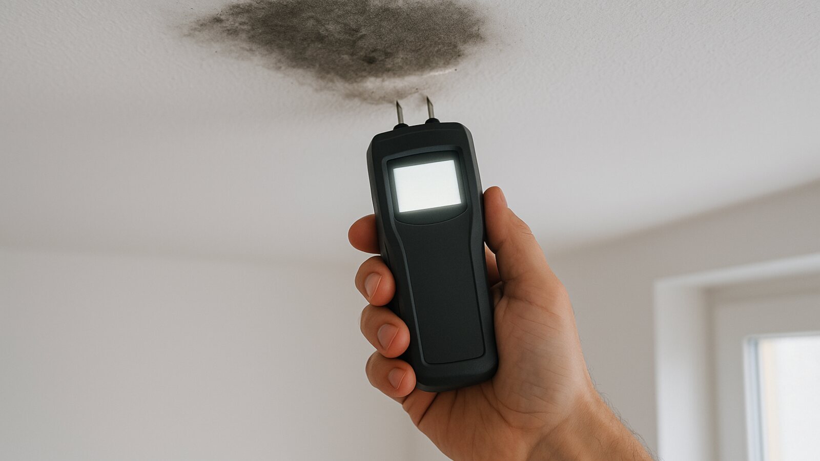 Feuchter dunkler Fleck an einer Zimmerdecke, darunter ein Feuchtemessgerät an der Wand
