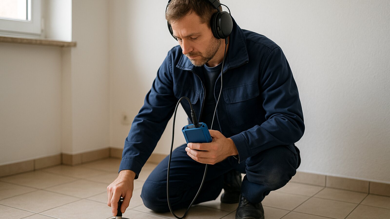 Techniker mit Kopfhörer und Bodenmikrofon ortet akustisch eine undichte Wasserleitung unter dem Boden