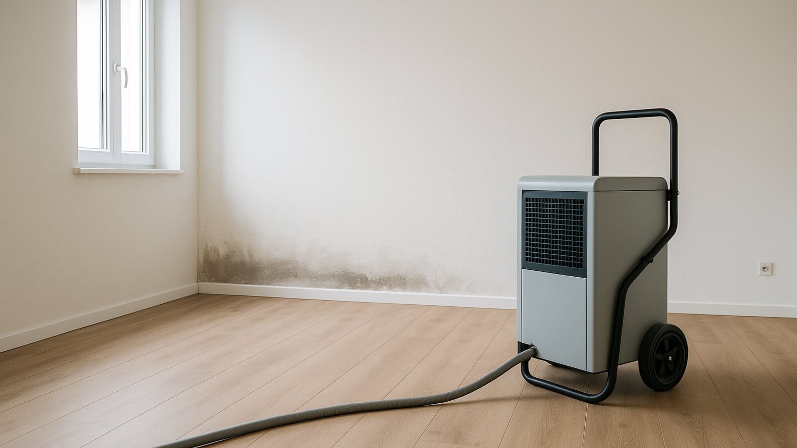 Bautrockner steht in einem leergeräumten Raum und entzieht der feuchten Wand die Restfeuchte
