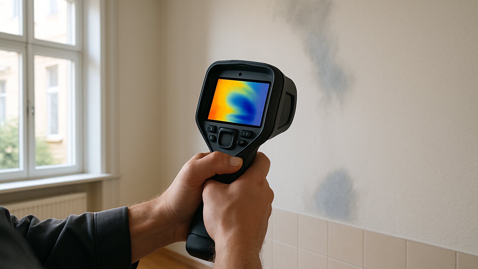 Techniker ortet mit einer Wärmebildkamera eine feuchte Stelle an der Wand in Altbau-Wohnzimmer, ohne sie aufzustemmen