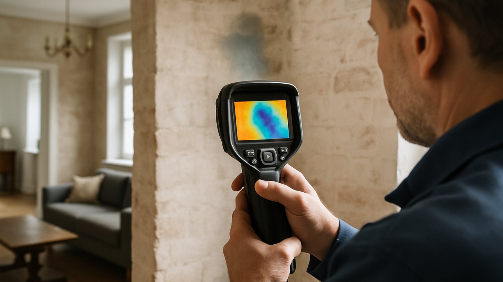 Techniker ortet mit einer Wärmebildkamera eine feuchte Stelle an der Wand in Altbau-Wohnzimmer, ohne sie aufzustemmen