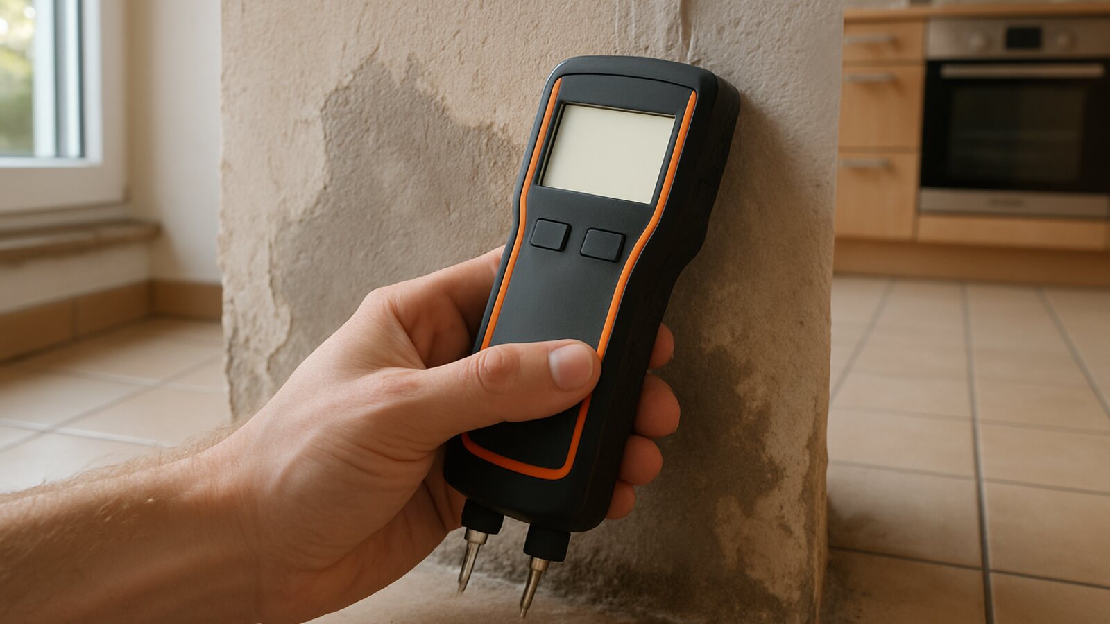 Feuchtemessung mit eingedrückten Messspitzen an einer feuchten Wand in Wohnküche