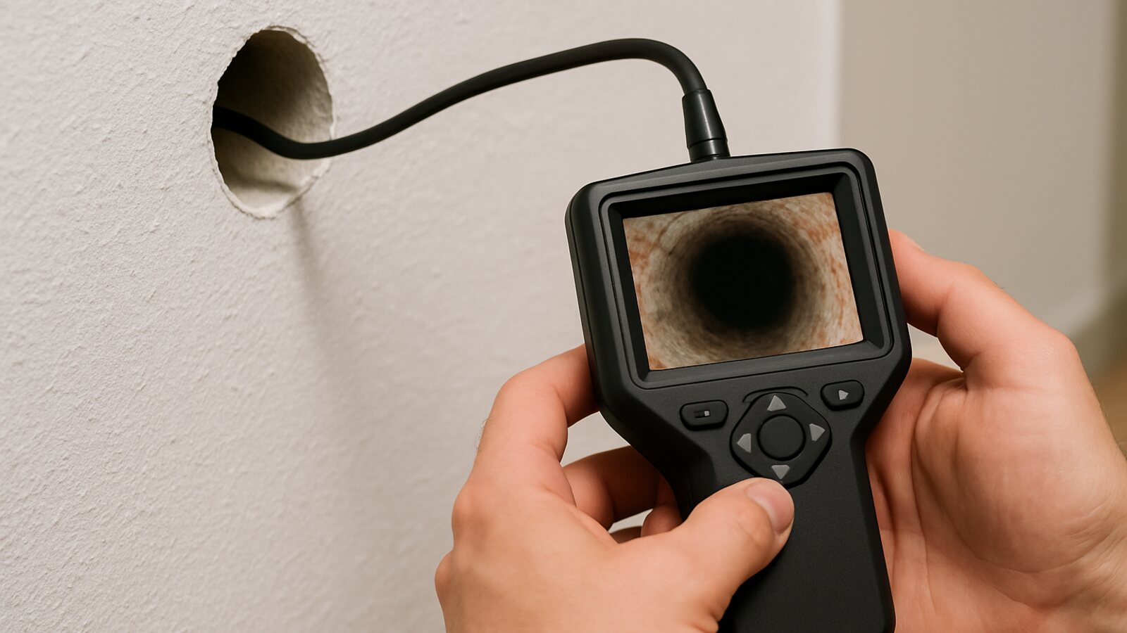 Endoskopsonde in einem Bohrloch macht den Hohlraum hinter der Wand in Büro sichtbar
