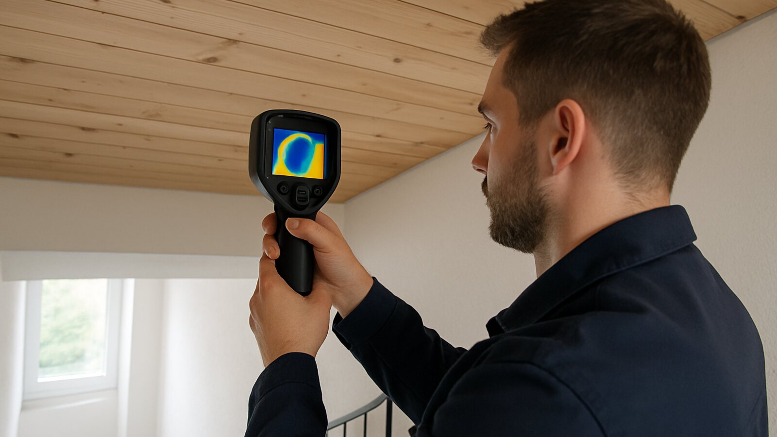 Wärmebildkamera prüft die Decke in Treppenhaus auf eine feuchte Zone