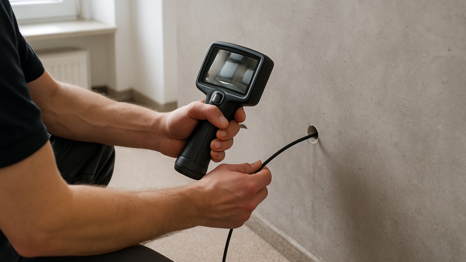 Endoskopsonde in einem Bohrloch macht den Hohlraum hinter der Wand in Büro sichtbar