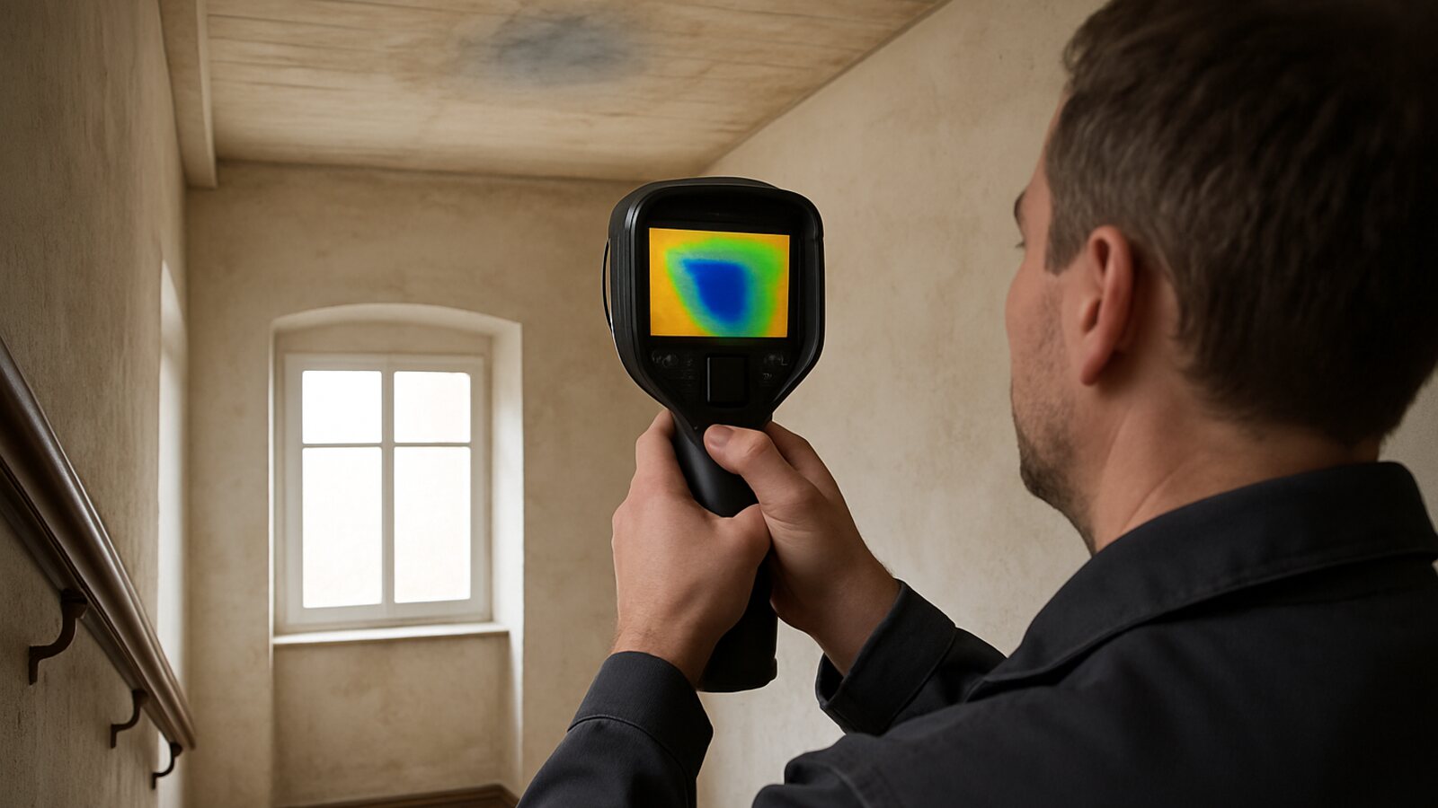 Wärmebildkamera prüft die Decke in Treppenhaus auf eine feuchte Zone