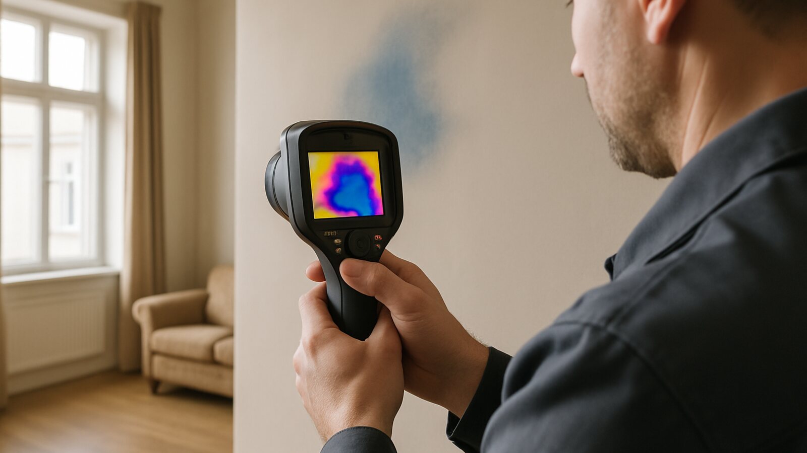 Techniker ortet mit einer Wärmebildkamera eine feuchte Stelle an der Wand in Altbau-Wohnzimmer, ohne sie aufzustemmen