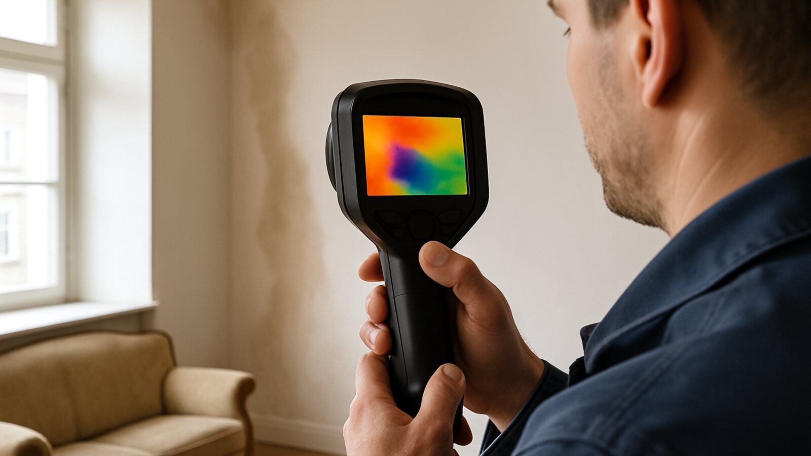 Techniker ortet mit einer Wärmebildkamera eine feuchte Stelle an der Wand in Altbau-Wohnzimmer, ohne sie aufzustemmen