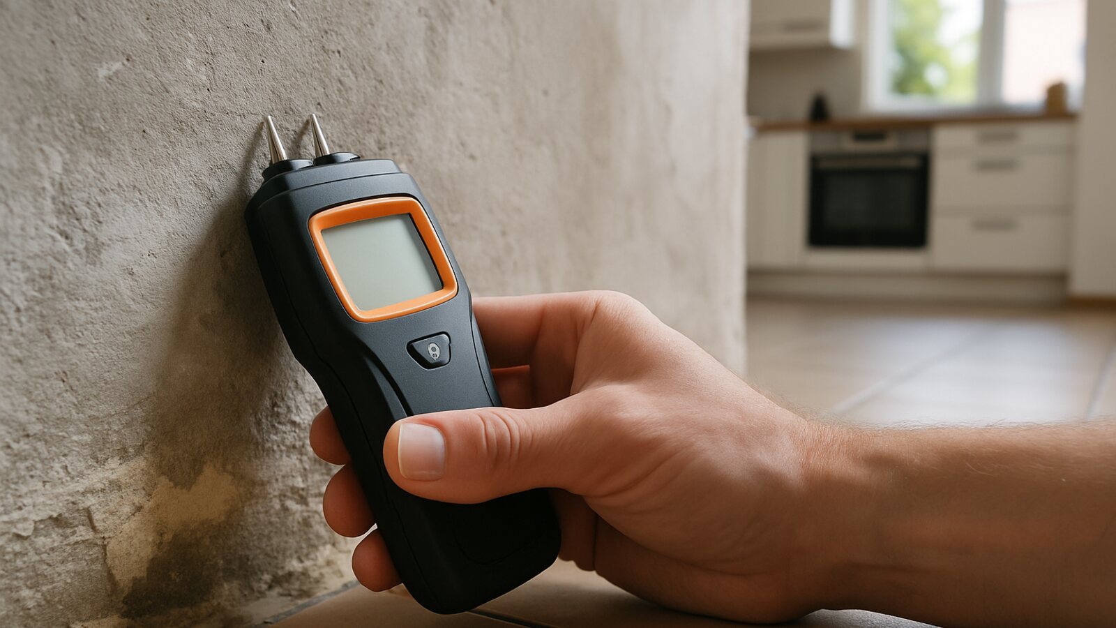 Feuchtemessung mit eingedrückten Messspitzen an einer feuchten Wand in Wohnküche