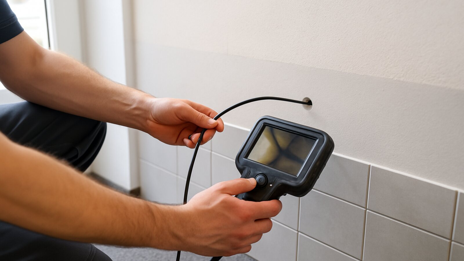 Endoskopsonde in einem Bohrloch macht den Hohlraum hinter der Wand in Büro sichtbar