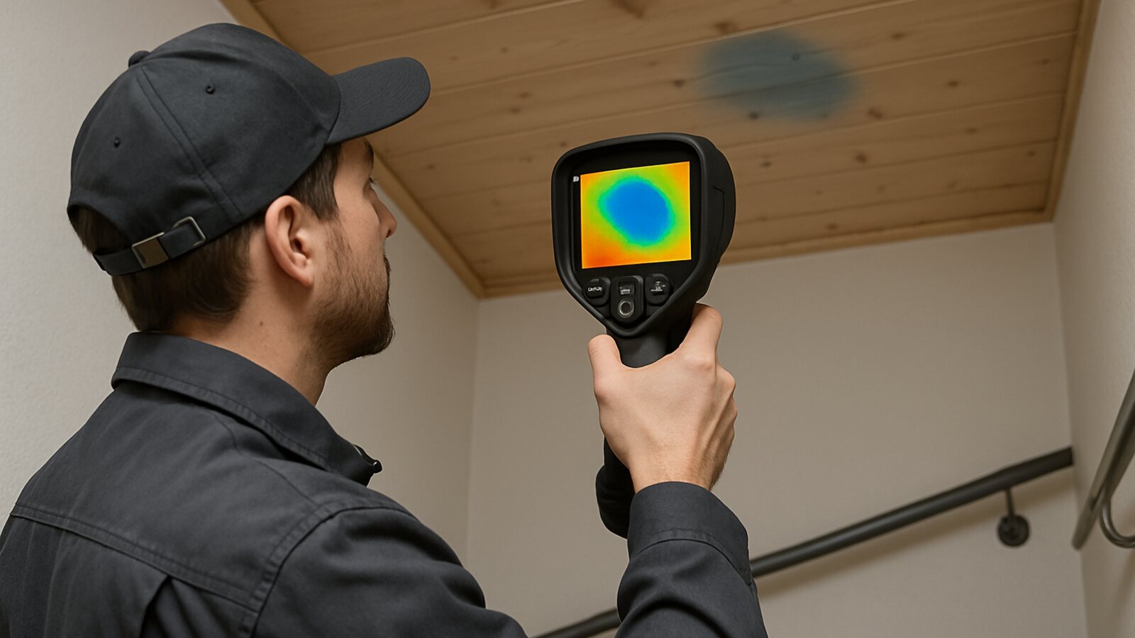 Wärmebildkamera prüft die Decke in Treppenhaus auf eine feuchte Zone