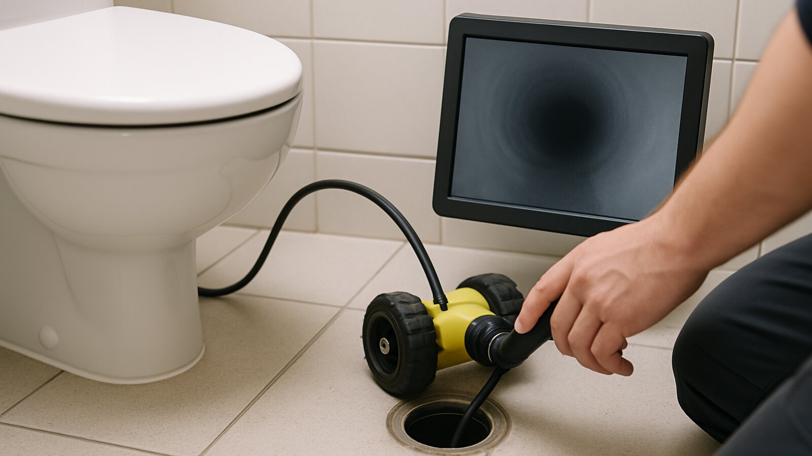 Rohrinspektionskamera wird zur Ortung in eine geöffnete Leitung in Gäste-WC geschoben