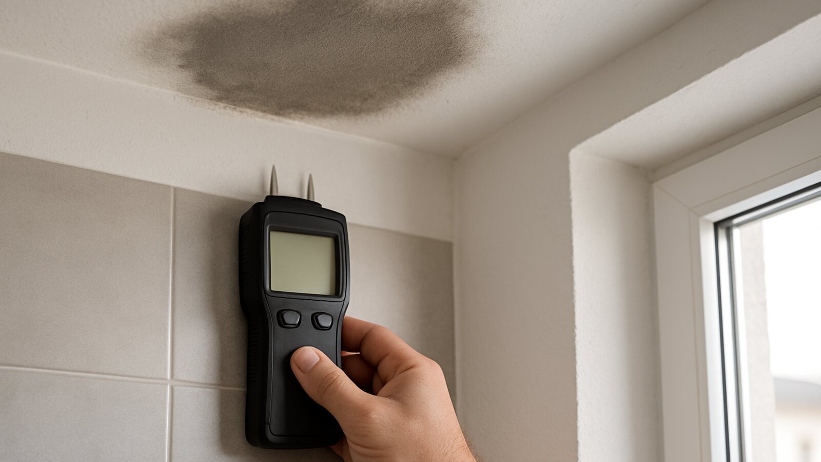 Feuchter dunkler Fleck an der Decke in Hauswirtschaftsraum, darunter ein Feuchtemessgerät an der Wand