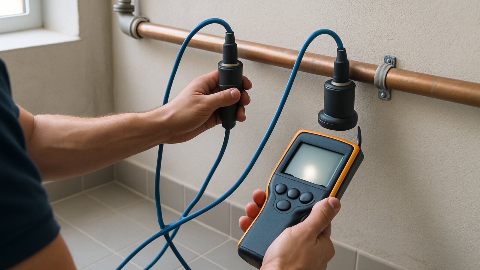 Korrelator mit zwei Sensoren an einer Wasserleitung misst das Leckgeräusch in Kellerraum