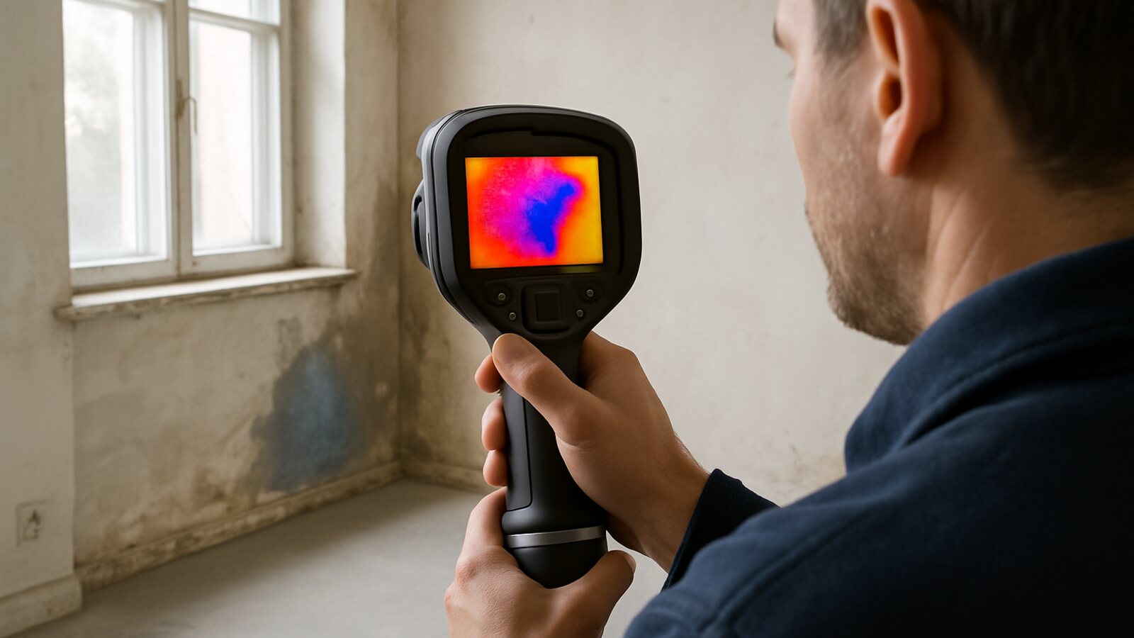 Techniker ortet mit einer Wärmebildkamera eine feuchte Stelle an der Wand in Altbau-Wohnzimmer, ohne sie aufzustemmen