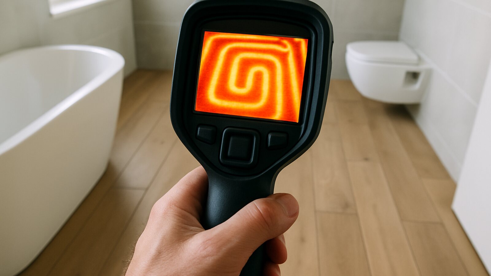 Wärmebild zeigt die warmen Schlaufen einer Fußbodenheizung in Neubau-Badezimmer